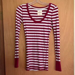 Hollister Women's Burgundy and Grey Striped Blouse